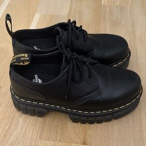 Dr. Martens Black Leather Lace-Up Platform Oxfords with Yellow Stitching